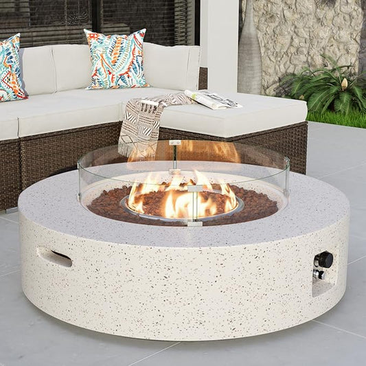COSIEST Outdoor Propane Fire Pit Coffee Table w Beige 42 inch Round Base Patio Heater, CSA Certified, 50,000 BTU Stainless Steel Burner, Wind Guard, Tank Outside, Free Lava Rocks, Waterproof Cover