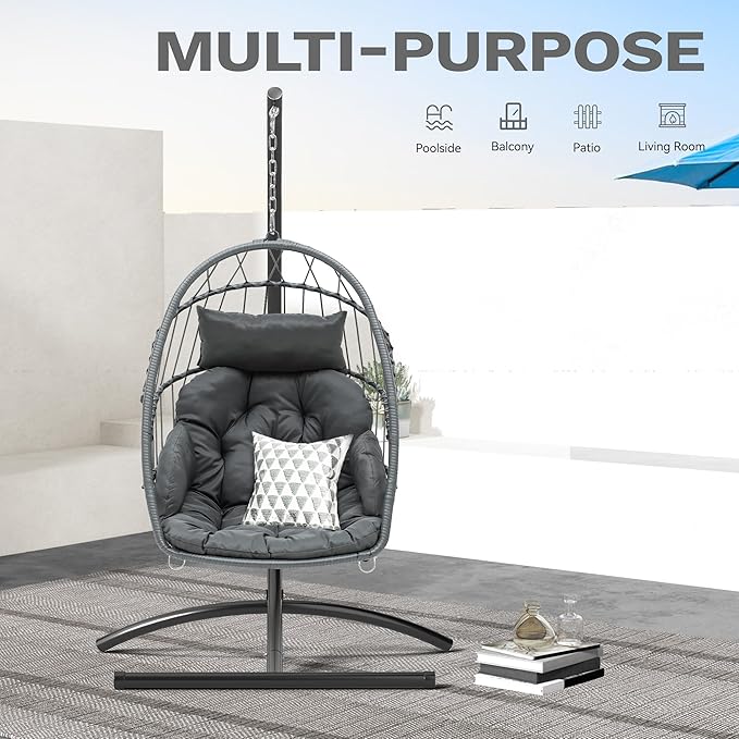 DWVO Egg Chair with Stand, Hanging Outdoor Rattan Wicker Patio Hammock Indoor Egg Chair with Cushion, Hanging Swing Chair 300lbs for Porch, Garden, Bedroom, Balcony, Gray