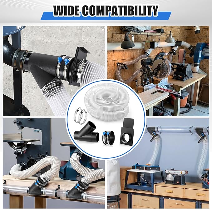4 in x 10 ft Dust Collection Hose with 4 Inch Y Fitting, 4 Inch Blast Gate with Flex Cuff with 2 Steel Thumbscrew Clamps and 2 Steel Hose Clamps for Dust Collection Fittings Woodshop Vacuum System