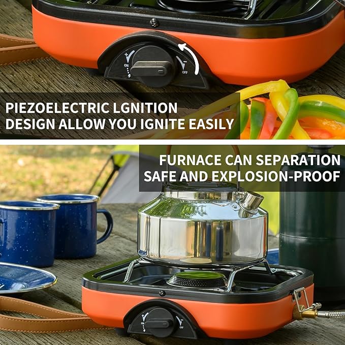 BakerStone Camping Stove, Outdoor Portable Propane Gas Stove with 8000 BTU, Single Burner Camp Stove with Cooking Grate, Wooden Tray, Inlet Gas Regulator and Pipe