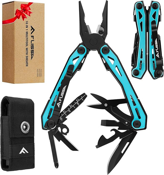 FLISSA 16-in-1 Multi Tool Pliers, Gift for Dad, Stainless Steel EDC Multitool with Pocket Knife, Belt Clip and Oxford Pouch, Self-locking Multipurpose Utility Multi-Tool for Camping Survival Outdoor