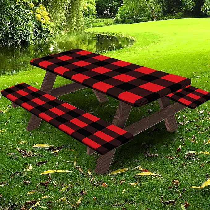 CAPSCEOLL Elastic Picnic Table Cover with Bench Covers 5Ft Waterproof Fitted Picnic Table Cover Cloths for Outdoors Camping Tablecloth with Drawstring Bag, 60X30in, Black Red