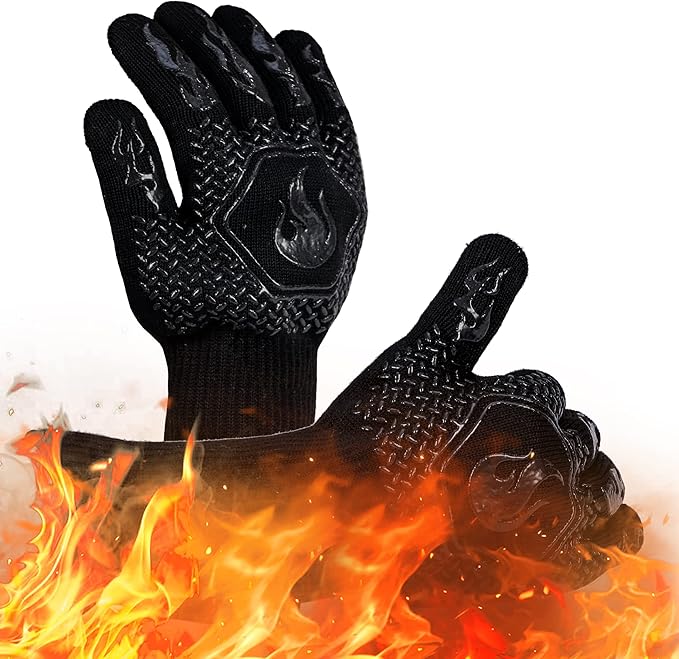 BBQ Fireproof Gloves, Grill Cut-Resistant Gloves 1472°F Heat Resistant Gloves, Non-Slip Silicone Oven Gloves, Kitchen Safe Cooking Gloves for Oven Mitts,Barbecue,Cooking, Frying,13.5 Inch-Black