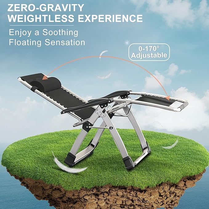 ABORON Oversized Zero Gravity Chair,29In XL Premium Outdoor Lawn Folding Lounge Chairs,Sturdy Adjustable Reclining Patio Chairs with Removable Cushion,Headrest & Tray