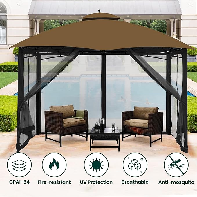 Gazebo Universal Replacement Mosquito Netting, 10' x 10' Outdoor Canopy Net Screen 4-Panel Sidewall Curtain, with Zippers, Easy to Install, Fit for Most Gazebo 10x10 Canopy, Black