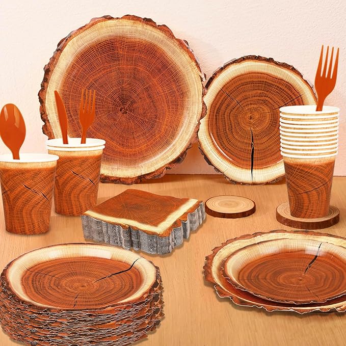 200 Pieces Camping Wood Grain Slice Party Supplies Set Paper Plate Cup Napkin for Camping Woodland Baby Shower Lumberjack Birthday Featuring a Round Wooden Slice Die Cut Edge Design Serve 25
