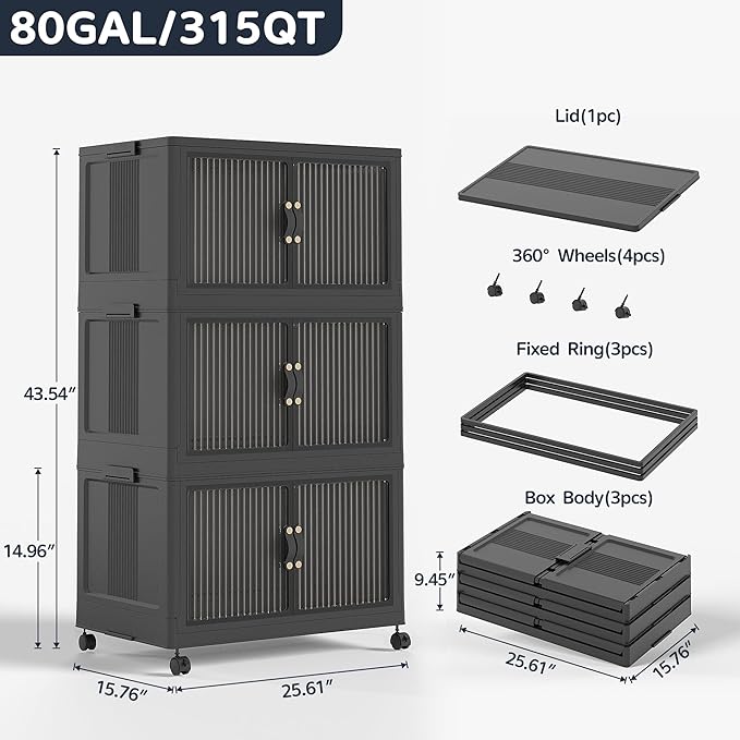 JONZEN 3-Pack 105Qt Black Modern Stackable Storage Bins with Lids, Closet Organizers for Home, Bedroom, Garage & Kitchen