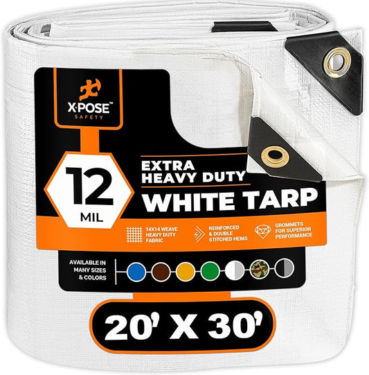 Heavy Duty White Poly Tarp 20' X 30' - Multipurpose Protective Cover - Durable, Waterproof, Weather Proof, Rip and Tear Resistant - Extra Thick 12 Mil Polyethylene - by Xpose Safety
