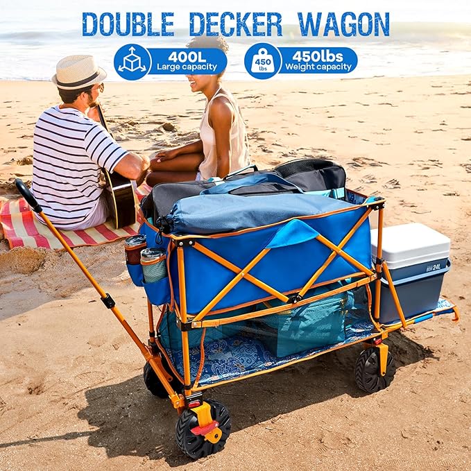 400L Collapsible Double Decker Beach Wagon with Brakes, Folding Beach Cart with 54" Extra Long Decker, 450LBS Heavy Duty Wagon Chart with All-Terrain Big Wheels for Sand Camping Garden