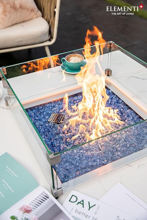 Elementi+ | Bundle Bianco Gas Fire Pit | Marble Porcelain & Metal Frame | 40" Square Fire Table | Electronic Ignition | Canvas Cover, Fire Glass & Burner Lid Included | White | Propane Gas