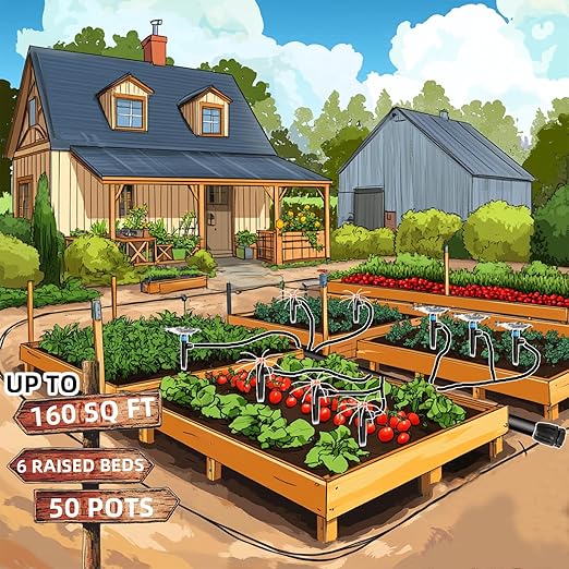 100Ft Drip Irrigation System Kit with Watering Kit Locked Fittings 360 Degree Micro Drip Sprayer Automatic Irrigation Equipment for Small Farm, Raised Bed 1/4 Inch 5/16 Inch Irrigation Tubing Hose