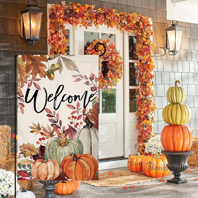 BLKWHT Fall Pumpkin Leaves Garden Flag 12x18 Vertical Double Sided Welcome Autumn Thanksgiving Holiday Outside Decorations Burlap Yard Flag BW823