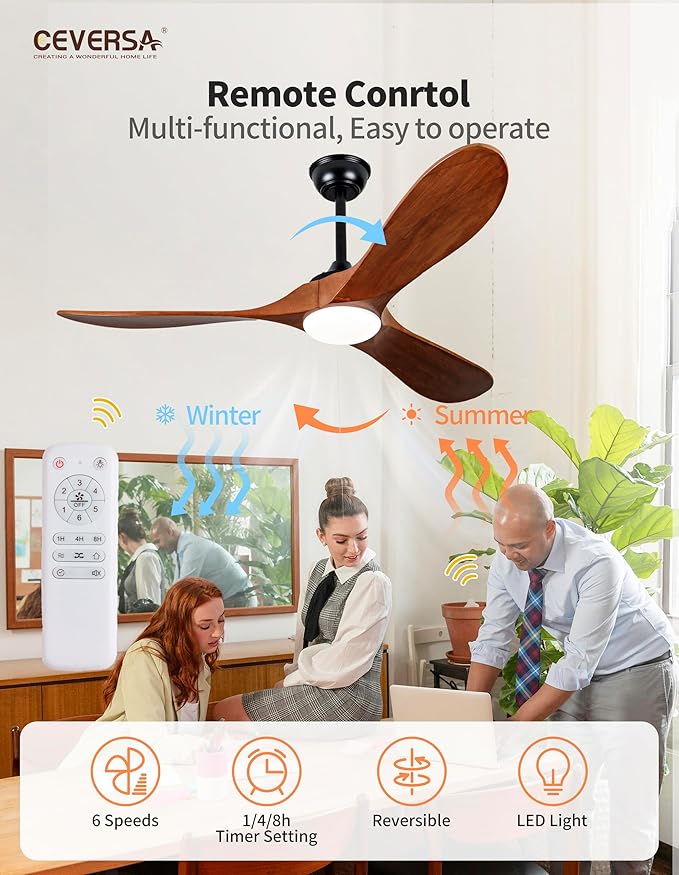 52 Inch Ceiling Fans with Lights and Remote, 3 Blades Outdoor Wood Ceiling Fan, Quiet Noiseless DC Motor, Modern Propeller Rustic Ceiing Fan for Farmhouse, Living Room, Bedroom, Indoor, Walnut
