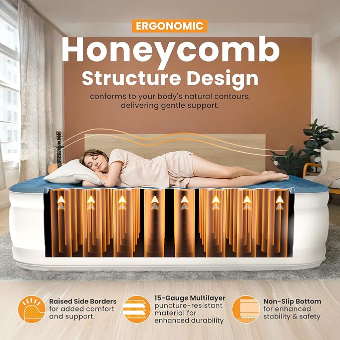 King Air Mattress, 18” Raised Inflatable Bed with Built-in Pump, Waterproof Velvety Top, Ergonomic Design, Reinforced Support, and Carry Bag for Home, Camping, and Guests