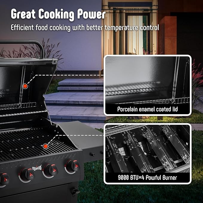 4-Burner Propane Gas Grill with 2 Side Tables, Outdoor BBQ Grill with Porcelain-Enameled Grates for Backyard, 36,000 BTU Powerful grills for Outdoor Cooking, Black