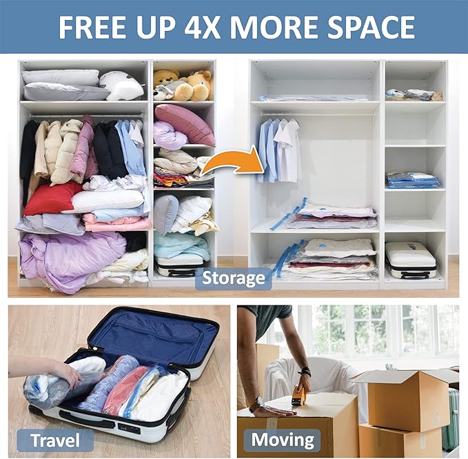 12 Pack Vacuum Storage Bags, Space Saver Vacuum Storage Bags, Vacuum Seal Bags for Clothing, Clothes, Comforters and Blankets, Hand Pump Included