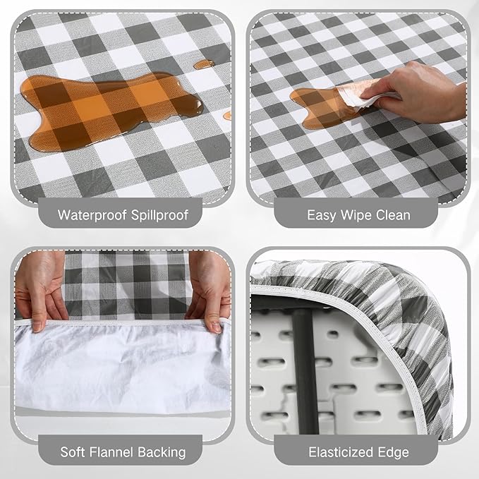 3 Pcs Plastic Picnic Table Cover Checkered Tablecloth Fitted Rectangular Table Cloth 30 x 72 Inch Vinyl Waterproof Flannel Backed with Elastic Rim for Indoor Outdoor Picnic Party(Gray and White)