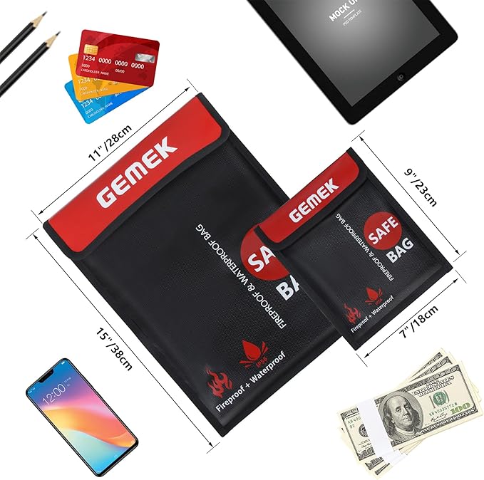 Fireproof Waterproof Money Document Bag 2 Pack, GEMEK Safe Zipper Bags, Fire & Water Resistant Storage Organizer Pouch for A4 A5 Documents Holder,File,Cash,Jewelry,Passport,Tablet,Laptop (Black)