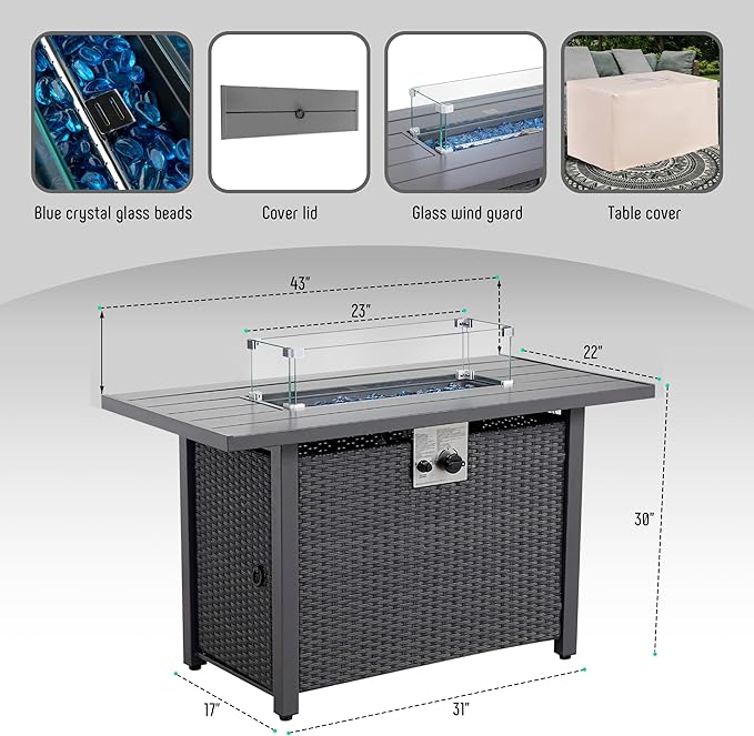 43" Propane Fire Pit Table with Rattan Fence, 50,000 BTU Gas Fire Pits for Outside Patio with Auto-Ignition, 2-in-1 Fire Table with Glass Stones,Wind Guard& Removable Lid, Black