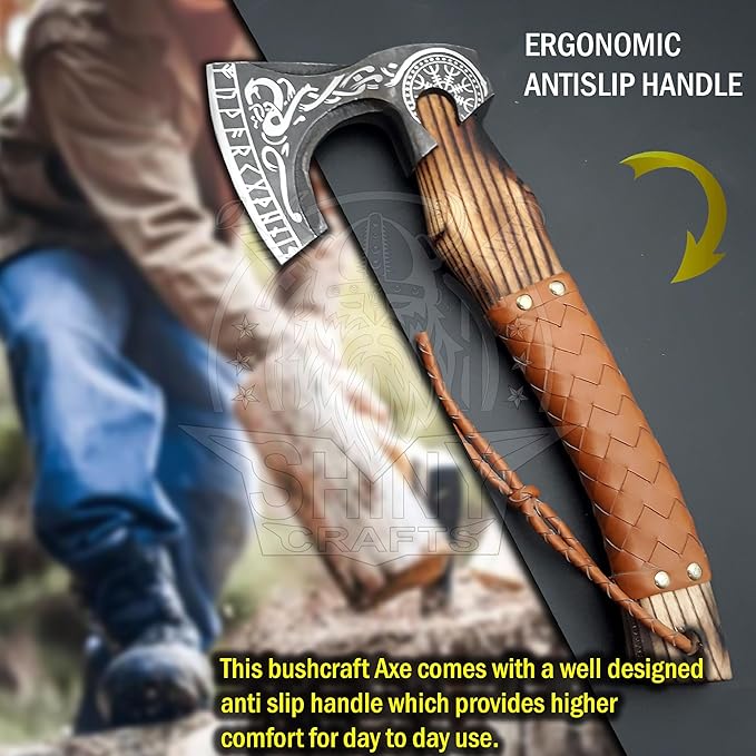 SHINY CRAFTS-Axes Handmade Viking Axe Hatchet Norse Axe-Valhalla Runic Axe Carbon Steel Viking Axe Head Engraved Handle Wolf Camp Axe Genuine Leather Sheath & Wrap (SCA 06)