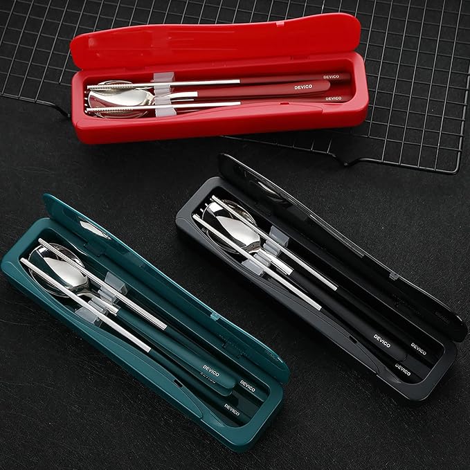 DEVICO Travel Utensils, 18/8 Stainless Steel 4pcs Cutlery Set Portable Camp Reusable Flatware Silverware, Include Fork Spoon Chopsticks with Case (Red)