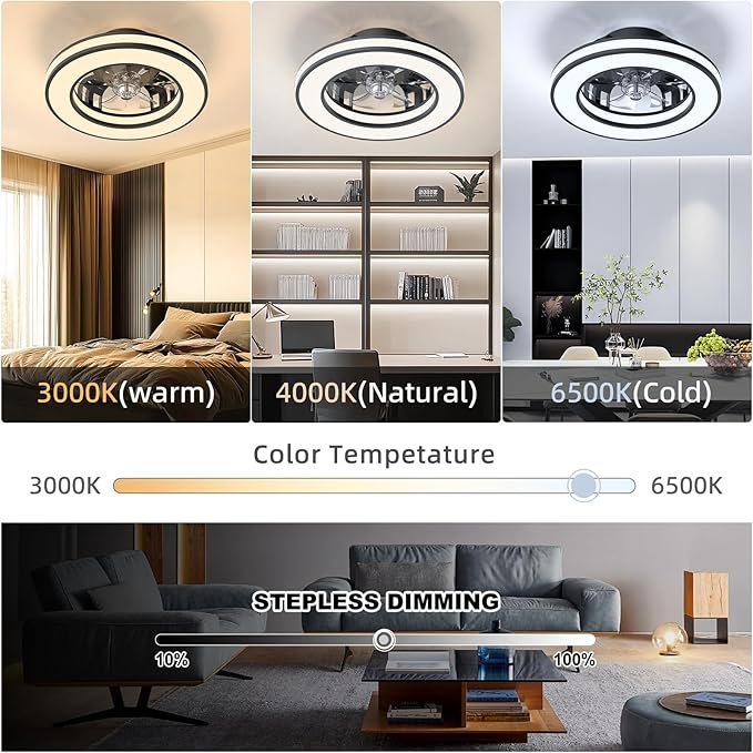 Ceiling Fans with Lights, 16'' Modern Low Profile Ceiling Fan Light with Remote, 3000-6500K Dimmable LED Fan Light, 6 Speeds Small Flush Mount Ceiling Fan for Bedroom, Kids Room (Black)