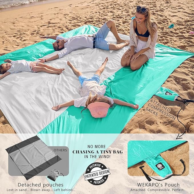 WEKAPO Beach Blanket Sandproof Waterproof, Extra Large Beach Mat, Oversized & Compact Sand Free Mat Quick Drying, Lightweight & Durable with 6 Stakes & 4 Corner Pockets