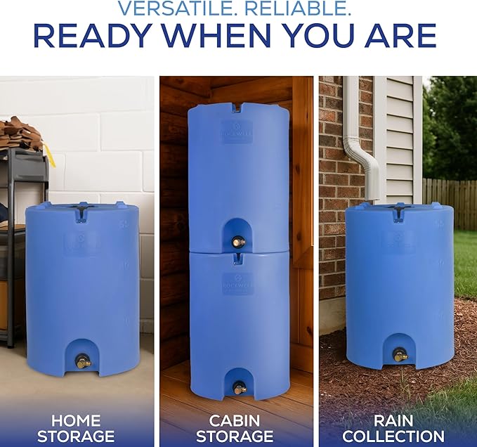 Exodus 55 Gallon Water Storage Tank by Rockwell Products | Compact Water Storage Container for Emergencies | BPA Free, Made in The USA, Blue