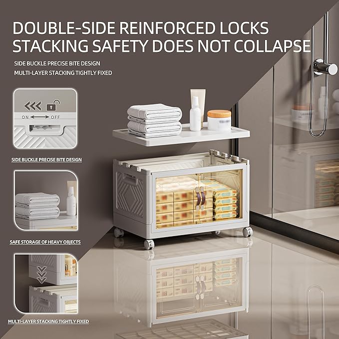 68 QT / 17 Gal White Storage Bins with 1 Lid - Collapsible Stackable Cabinet Organizer w/Wheels & Magnetic Doors, Plastic Storage Box for Office Closet Organization