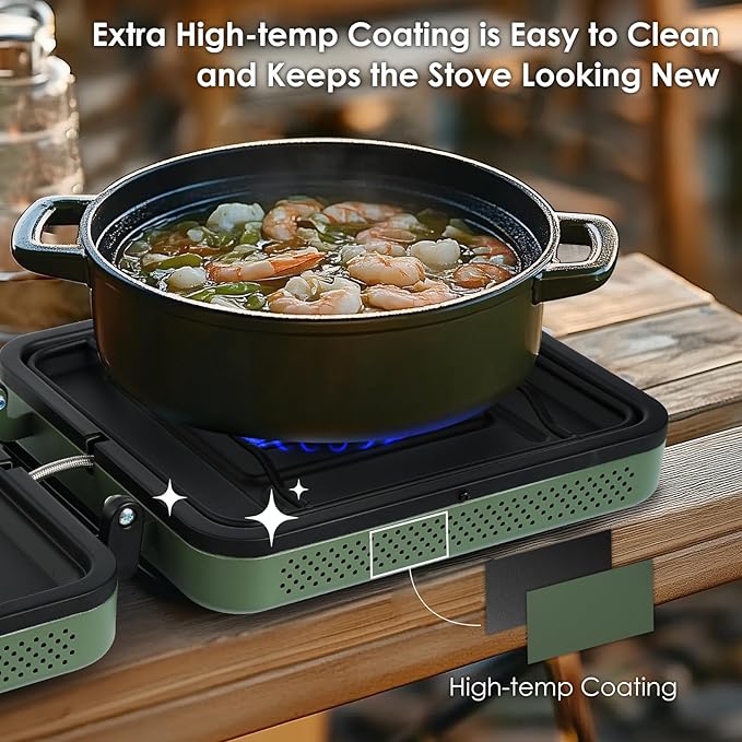 2 Burner Camping Stove with Carrying Bag, Foldable Propane Camp Stove with 17,200 BTU for Camping, Portable Gas Stove with Adjustable Burner for Tailgating, Backyard BBQ,Green