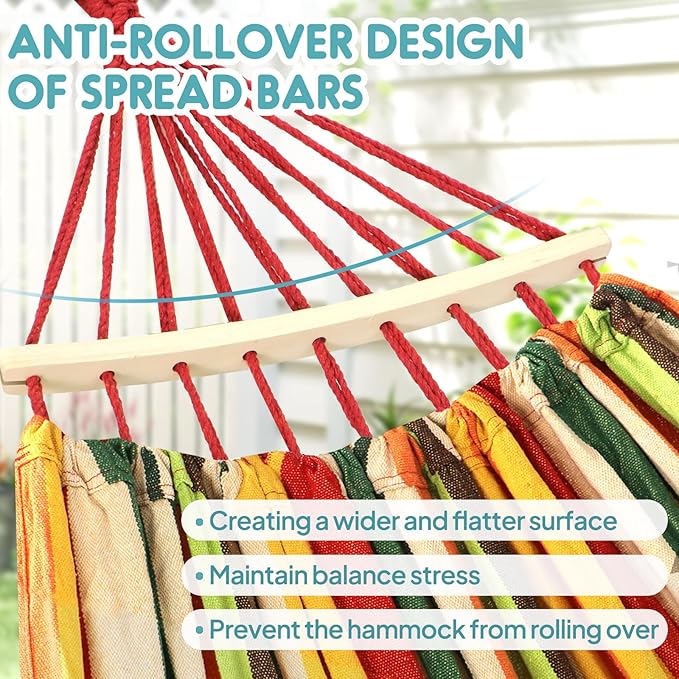 Anyoo Garden Cotton Hammock Comfortable Fabric Hammock with Spreader Bar Sturdy Hammocks Up to 450lbs Portable Lightweight Hammocks with Travel Bag for Camping Outdoor/Indoor Patio Backyard