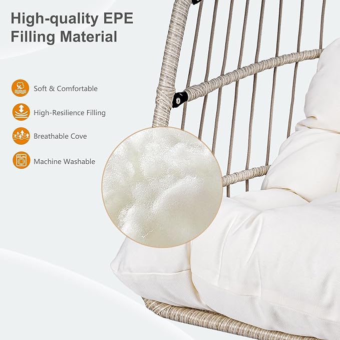 Foldable Hanging Egg Chair with Stand, HDPE Rattan and Heavy Duty Aluminum-Steel Frame, Outdoor Patio Wicker Swing Egg Chair with Headrest and Cushioned, 350 Lbs Capacity (Beige)