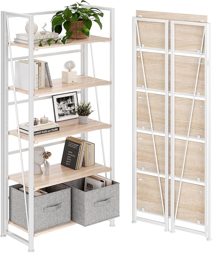 4NM No Assembly Folding Bookshelf, 5-Shelf 62.2" H Collapsible Foldable Bookcase Storage for Small Spaces, Natural White