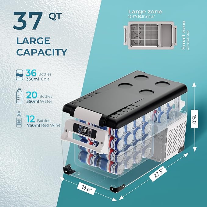 EUHOMY 12 Volt Refrigerator, 38QT(35L) Electric Cooler, 12V Fridge APP Control, 12V Cooler -4℉~68℉, Portable Freezer 12/24V DC 110-240V AC for Camping, Travel, Truck, Home