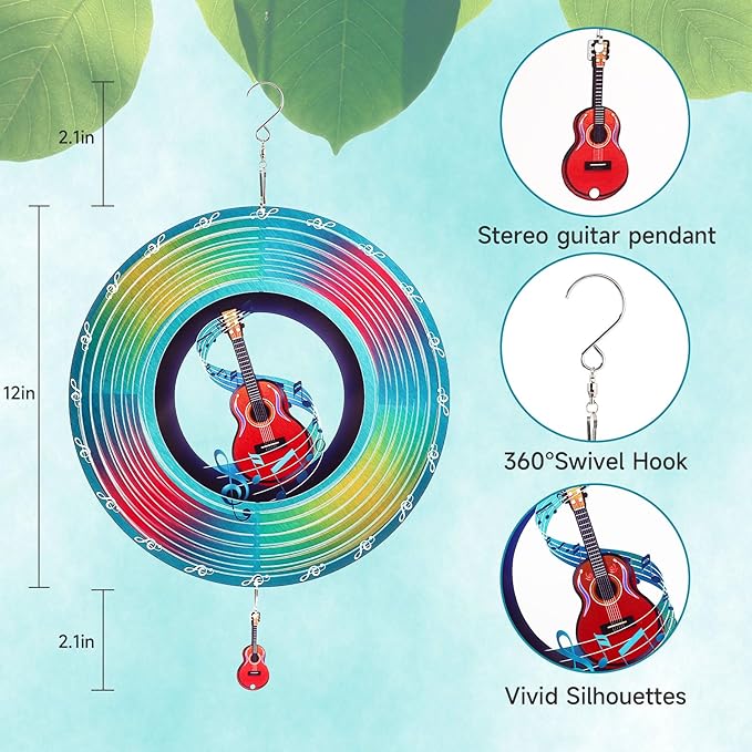 Guitar Wind Spinners Garden Yard Decor Gift for Women Men, 12 Inch Outdoor Metal 3D Wind Spinner, Stainless Steel Hanging Wind Catchers Kinetic Sculpture for Outside Decoration