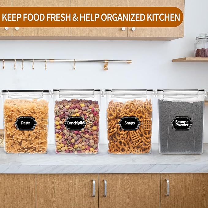 4 Pack Large Airtight Food Storage Containers with Lids (5.2L / 176oz), BPA Free Plastic Kitchen and Pantry Organization Contianers for Cereal Flour and Sugar Storage, Labels & Marker