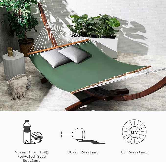 Fab Habitat Solid Recycled Polyester Hammock - Fargo - Green - Indoor/Outdoor, Quick Dry, 2 Person 460 lbs Capacity - Patio, Poolside, Backyard, Garden, Beach, Balcony - 12-14 ft Adjustable