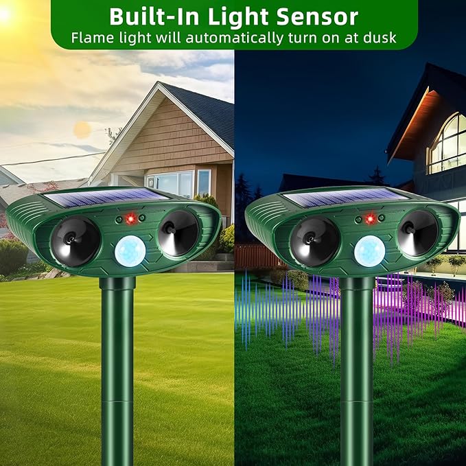 2 Pack 2025 Ultrasonic Solar Animal Repellent Outdoor,Squirrel Fortress Pro Deer Repellent Devices Motion Detection, Waterproof Cat Mouse Raccoon Dog Rabbit Deterrent for Garden Yard