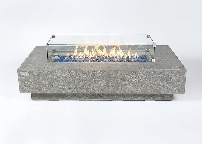 Elementi+ | Riviera Gas Fire Pit Cast Concrete 60" Rectangular Fire Table, Outdoor Fire Pit Electronic Ignition | Canvas Cover, Fire Glass and Burner Lid Included | Light Gray | Natural Gas