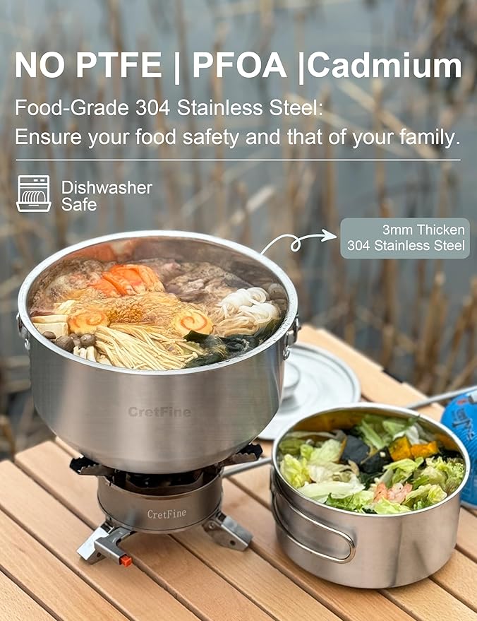 CampPro Camp Cooking Set for 4-8, Stainless Steel Camping Cookware Set, Camping Equipment with Carring Bag, Camping Pots and Pans Set for Campfire Cooking & RV & Backyard Picnic