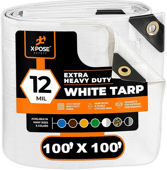 Heavy Duty White Poly Tarp 100' X 100' - Multipurpose Protective Cover - Durable, Waterproof, Weather Proof, Rip and Tear Resistant - Extra Thick 12 Mil Polyethylene - by Xpose Safety