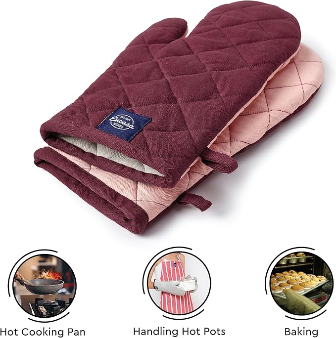 Encasa XO Heat Resistant Cotton Oven Gloves Mitts (2 Pc Set) - Quilted & Safe 12x7 in - for Kitchen, Cooking & Baking, Grilling, Handling Hot Pots & Pans - Maroon