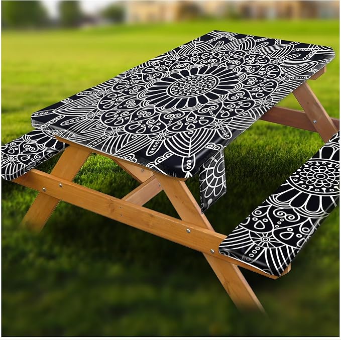 Fitted Picnic Table Cover with Bench Covers Vinyl Waterproof Elastic Edges Fitted Rectangle Tables Patio Tablecloth Camping Gear and Essentials Rv Accessories Road Trip Supplies Car Travel Must Haves