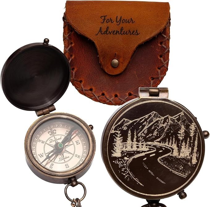 Engraved Compass Gift for Men – Vintage Brass Pocket Compass for Hiking, Adventure, and Travel – Antique Finish with Leather Case – Moon & Stars, or Road Design – Gift for Dad, Husband, or Son