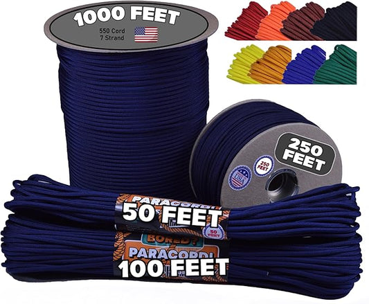 BORED? PARACORD! 550 lb Paracord - Ideal for Crafting, Camping, DIY Projects, Active & Military Outdoors - Strong Survival Rope - Tactical Parachute Cord Type III - Acid Midnight Blue 100 Feet