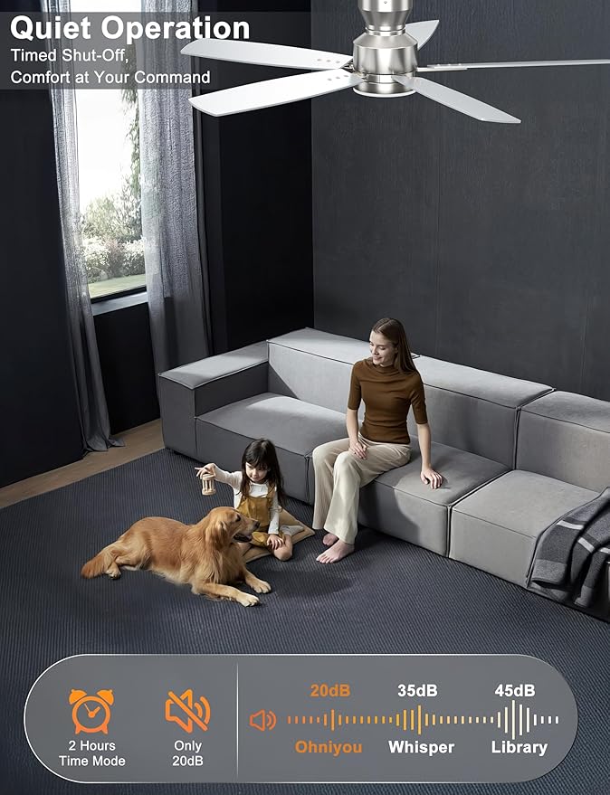 Ohniyou Ceiling Fans with Lights, 52'' Low Profile Ceiling Fan with Light and Remote/APP Control, Modern Flush Mount Ceiling Fan for Indoor Bedroom Living Room, Dimmable, Qiuet DC Motor, Silver