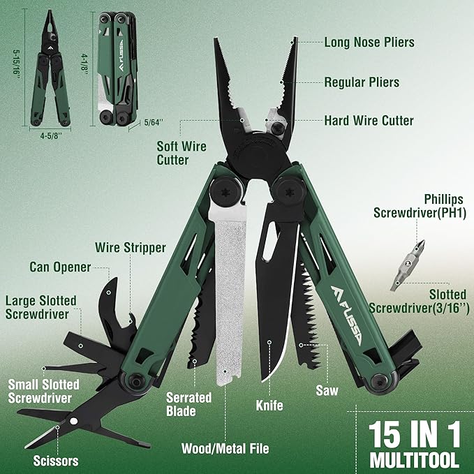 FLISSA Multitool, 15-in-1 Multi Tool Pocket Knife with Sheath, Stainless Steel EDC Multitool Pliers for Men, All-in-One Tools for Camping, Fishing, Survival
