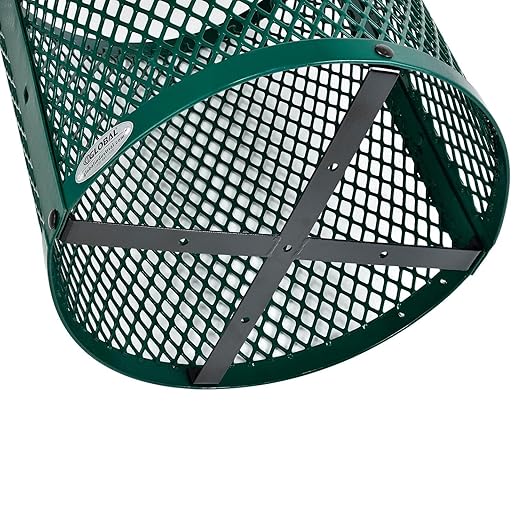 Global Industrial Outdoor Diamond Steel Trash Can with Rain Bonnet Lid and Plastic Liner, 36 Gallon Capacity, Green, Thermoplastic Coating, 23-1/2" Diameter, 40-1/2"H