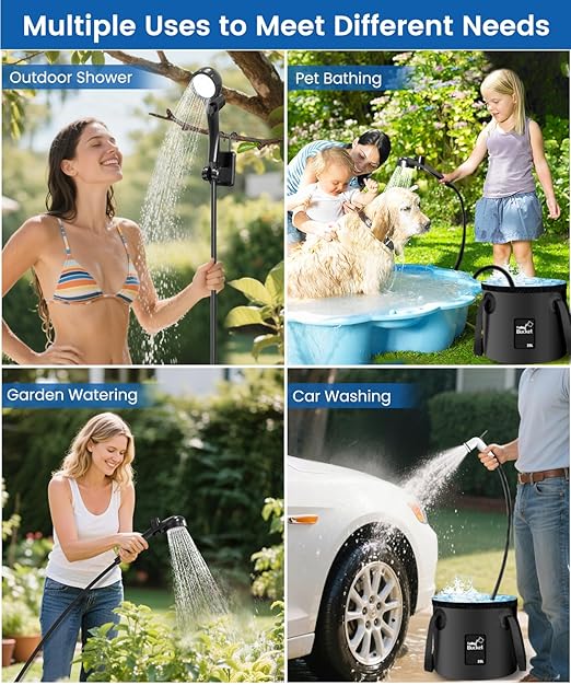 Acare Portable Shower for Camping, 6000mAh Rechargeable Camping Shower Pump with 5Gal/20L Foldable Bucket, IPX7 Waterproof Rinse Kit Portable Outdoor Shower for Hiking, Travel, Car, Pet