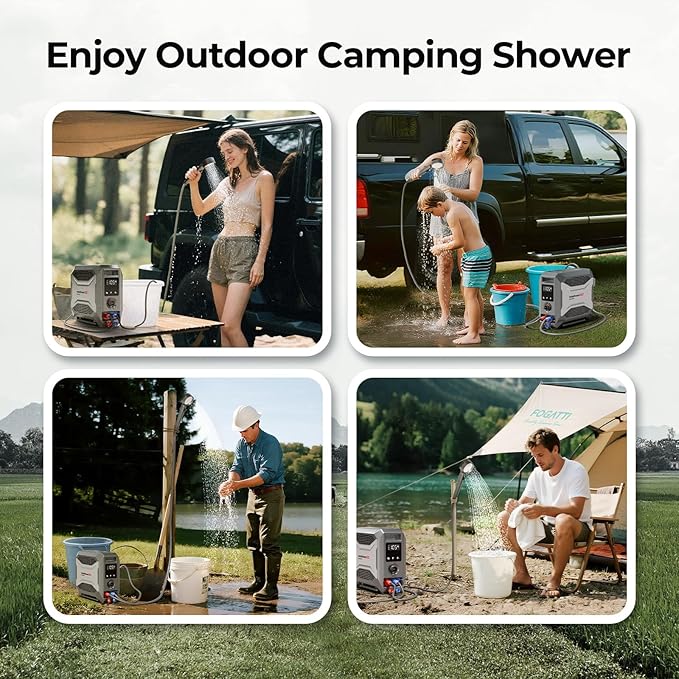 FOGATTI InstaShower GO, Portable Propane Water Heater 19,000 BTU, with 5000mAh Rechargeable Built-in Battery, DC 12V, Outdoor Camping Shower